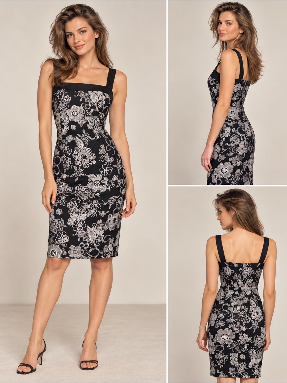 Vintage Français Montréal Black White Floral Sheath Dress Y2K